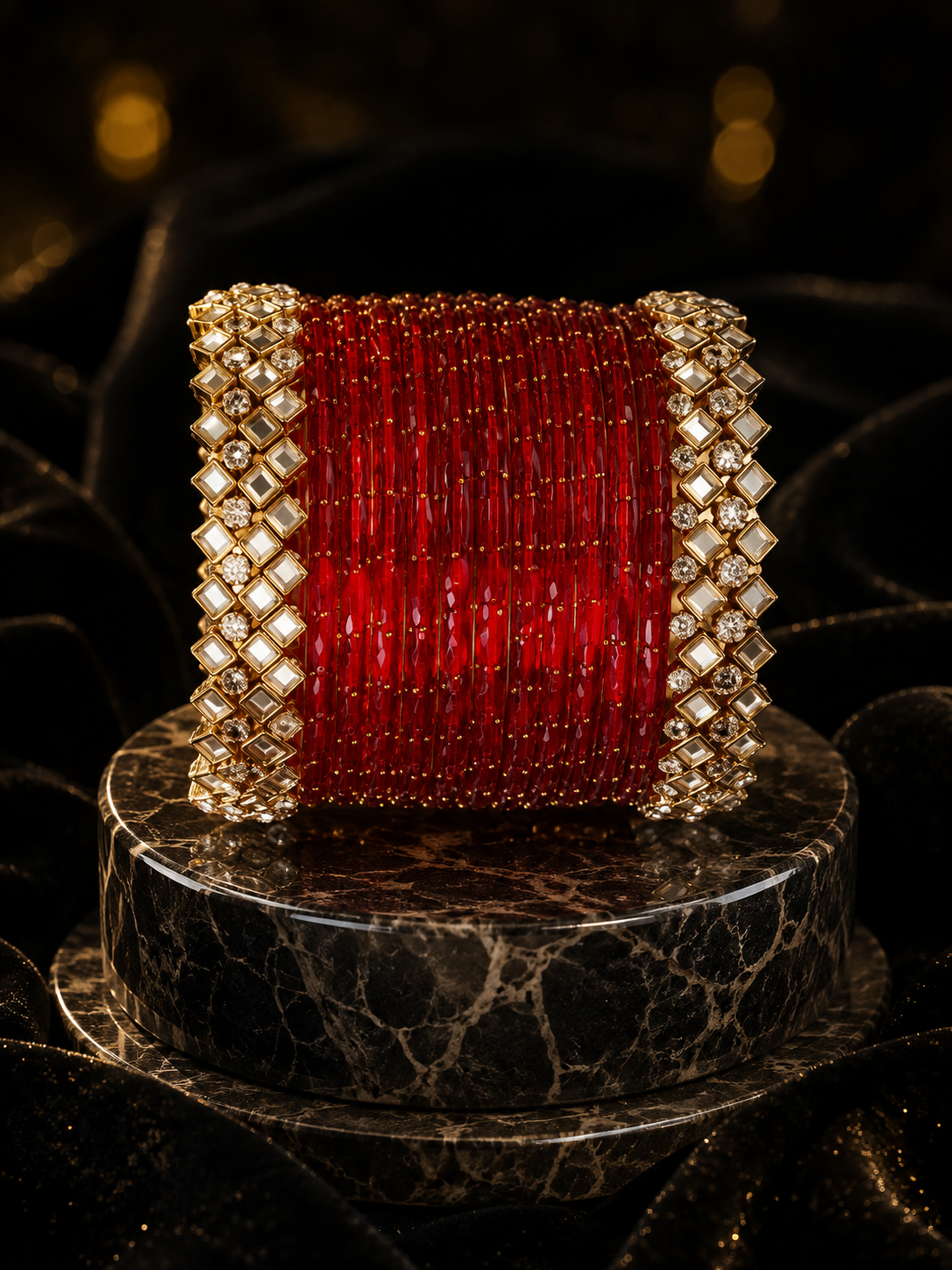 Broad bridal bangles with crimson enamel and temple motifs