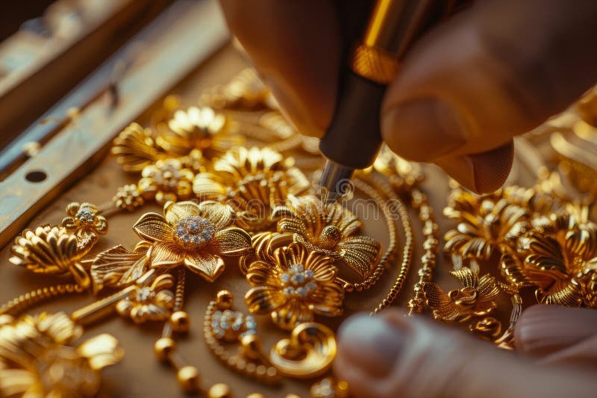 Macro shot of an ornate gold bangle with red enamel