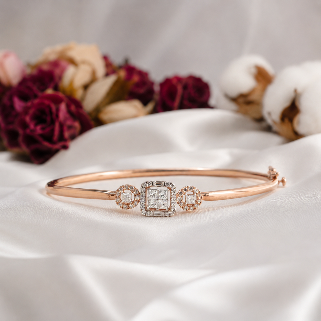 Rose-cut stone bangles clustered in floral rosettes